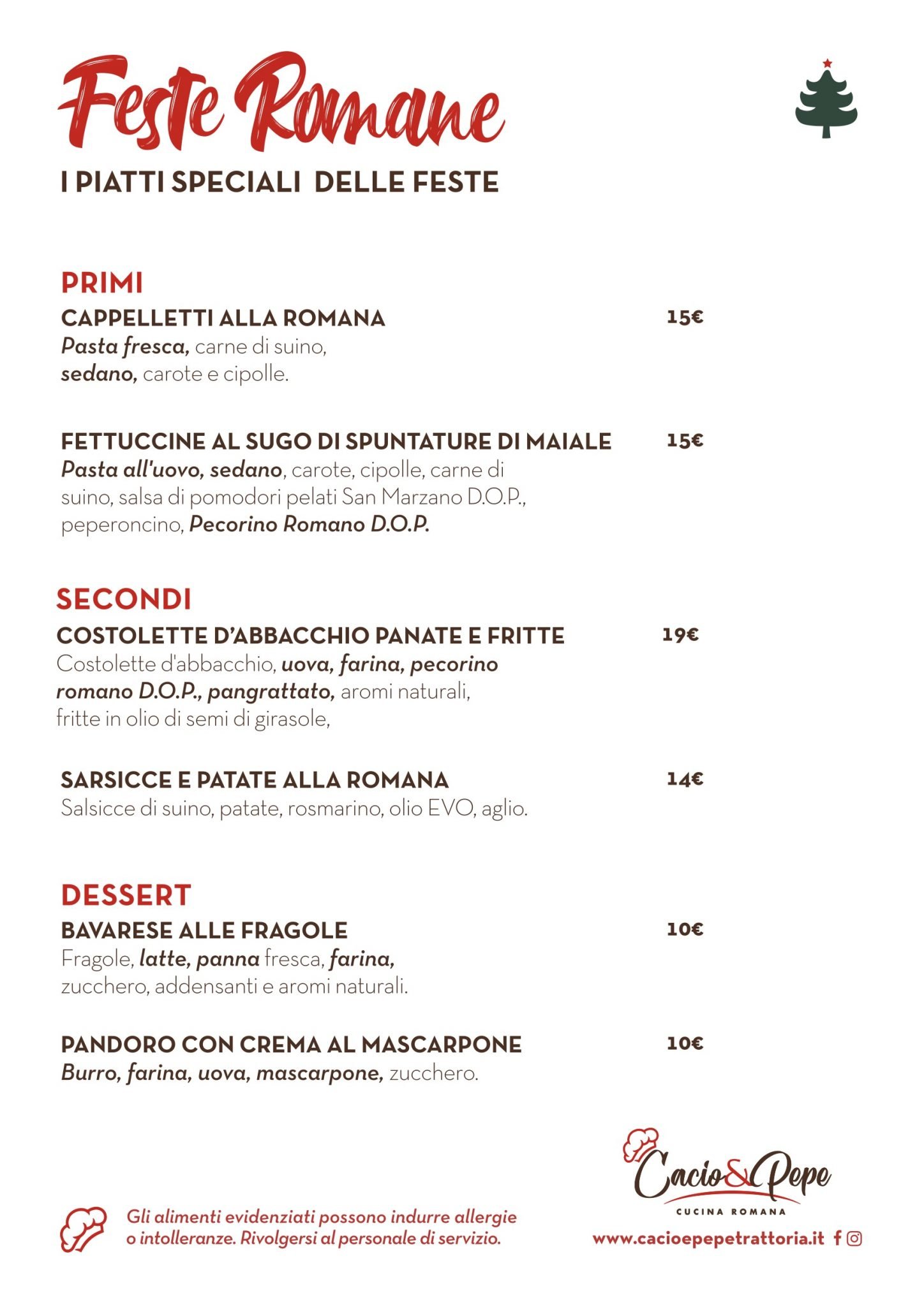 I Menu delle feste natalizie 2022 Cacio&Pepe